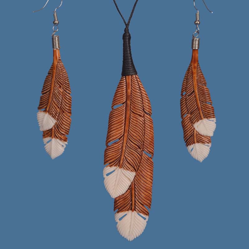 BP017- Bone Carved Huia feather pendant and Earrings- Brown