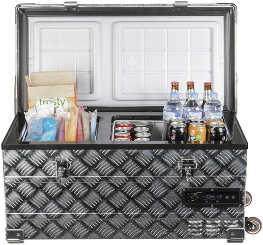 42L Brass Monkey Portable Dual Zone Aluminium Check Plate Fridge/Freezer