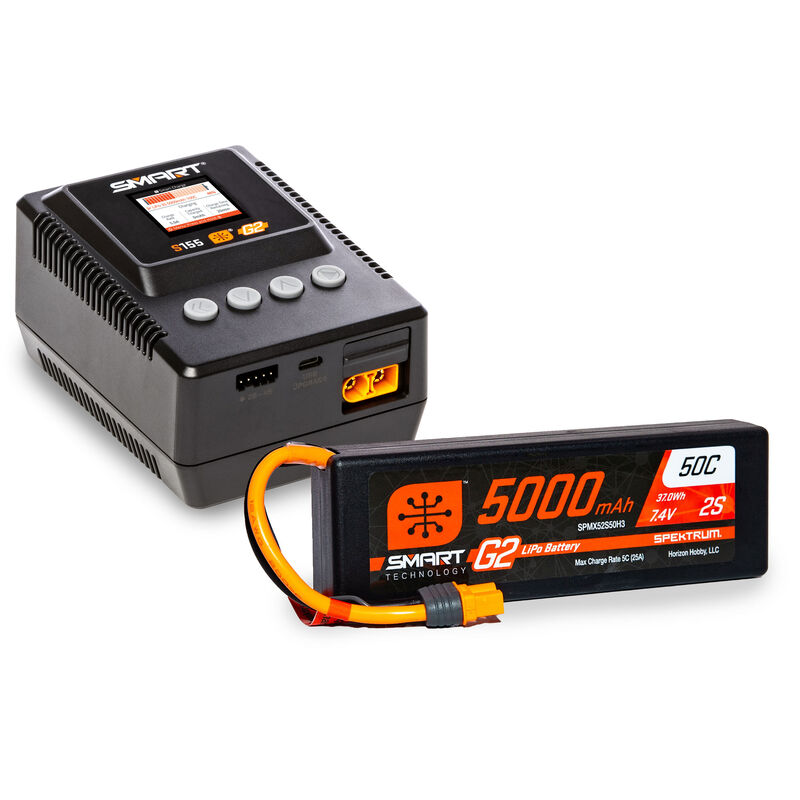 Spektrum Smart G2 5000mAh 2S 7.4V  Lipo 50C with  IC3 & S155 Charger Bundle