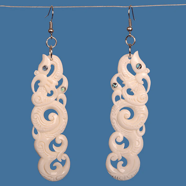 BE032 Double Manaia Bone Earrings with Koru
