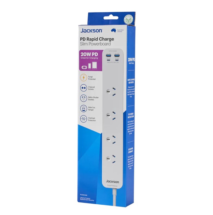 Jackson 20W USB-A +USB-C 4 Outlet Powerboard