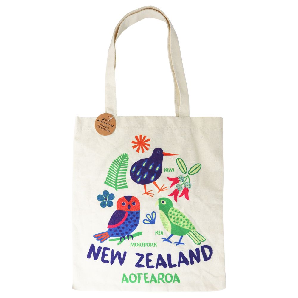 Cotton Tote Bag NZ Kiwi Bird & Floral 40cm
