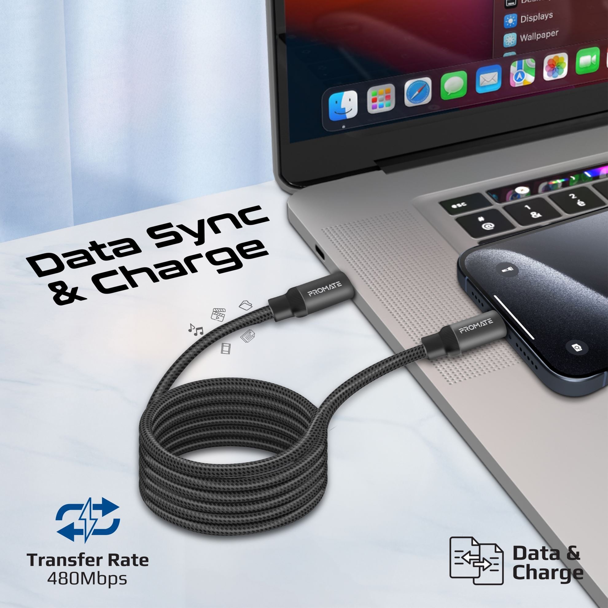 PROMATE 1.2m USB-C to USB-C Cable Self Organising 60W