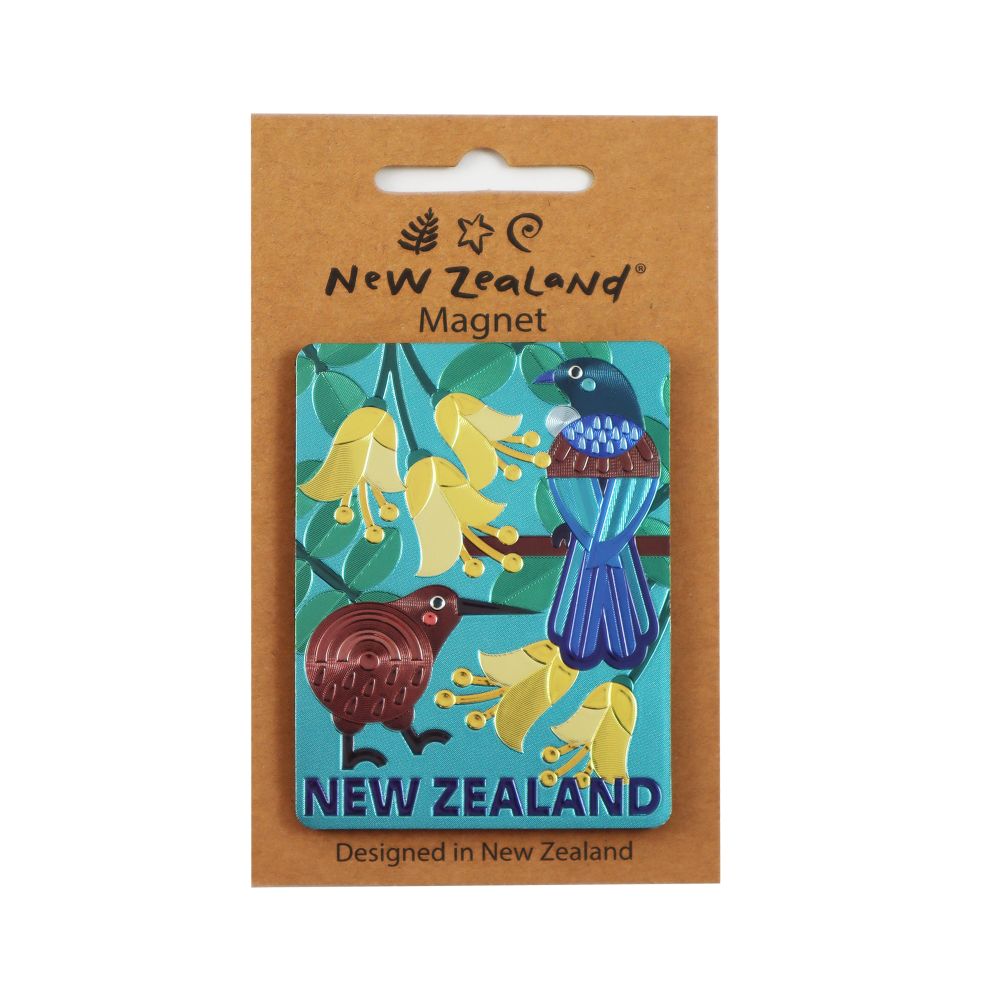 Magnet NZ Foil Kiwi Tui Kowhai 75x55mm