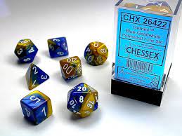 Dice Set, Polyhedral Gemini 16mm Blue/Gold/White