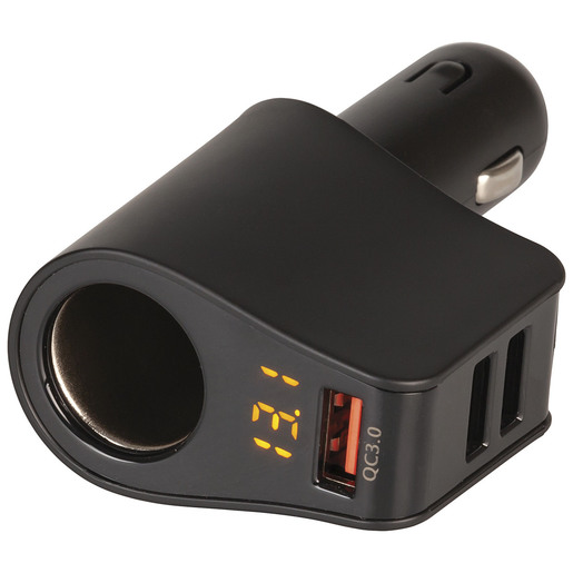 Car Cigarette Lighter Adaptor with 3 USB Charging Ports + Voltmeter