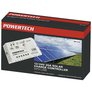 SOLAR CHARGE CONTLR 12/24V 20A W/LED USB