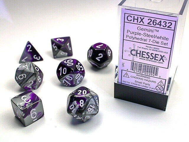 Gemini polyhedral dice set purple/ steel / white