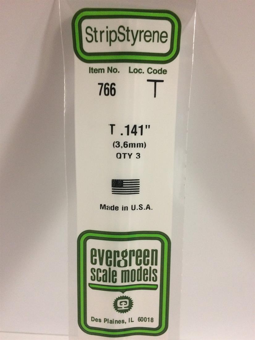 Evergreen Scale Models #766 3.6mm T section 3 pieces