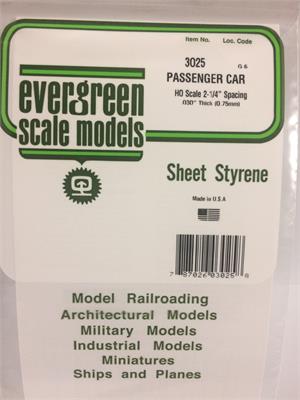 Evergreen Scale Models #3025 Passenger car HO scale .75mm thick 1 sheet