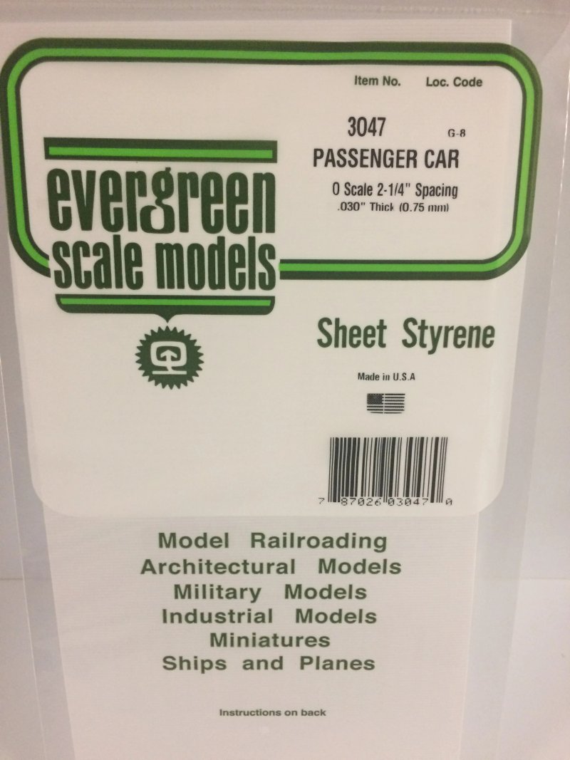 Evergreen Scale Models #3047 Passenger car O scale .75mm thick 1 sheet