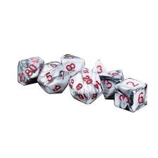 Polyhedral Dice Set-  Acrylic  Marble with Red Numbers 16mm