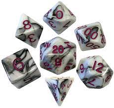 Polyhedral Dice Set-  Acrylic  Marble with Purple Numbers  16mm