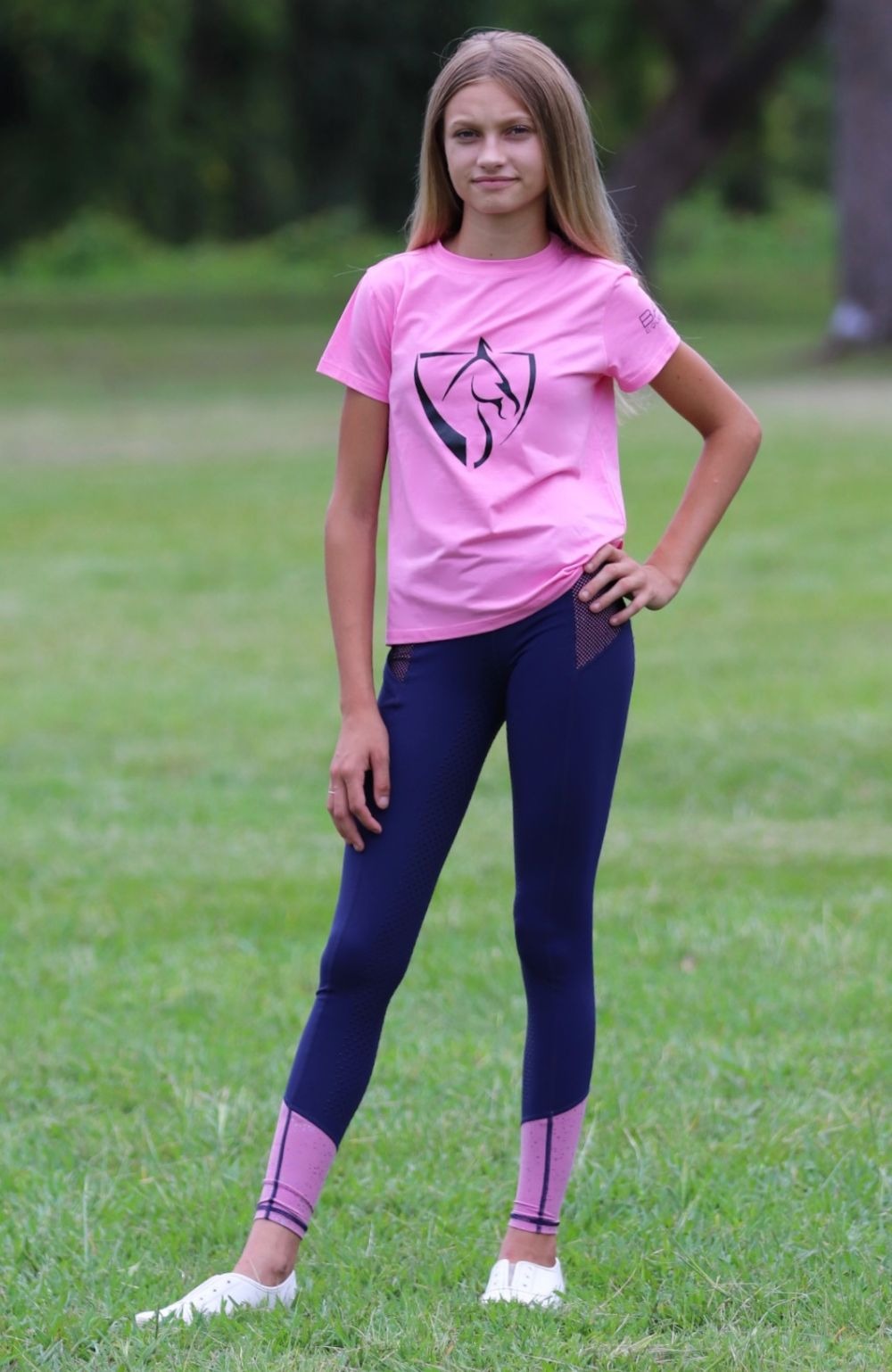 Bare Equestrian Performance Tights Navy With Pink Galaxy - Size 12-14