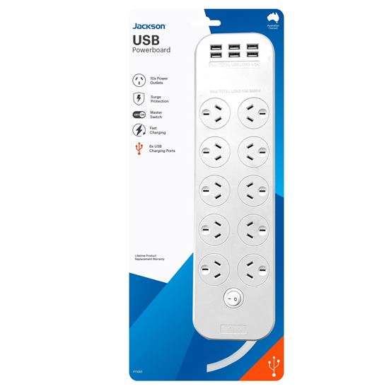 JACKSON 10-Way Powerboard with 6x USB-A Fast Charging Ports (4.5A)