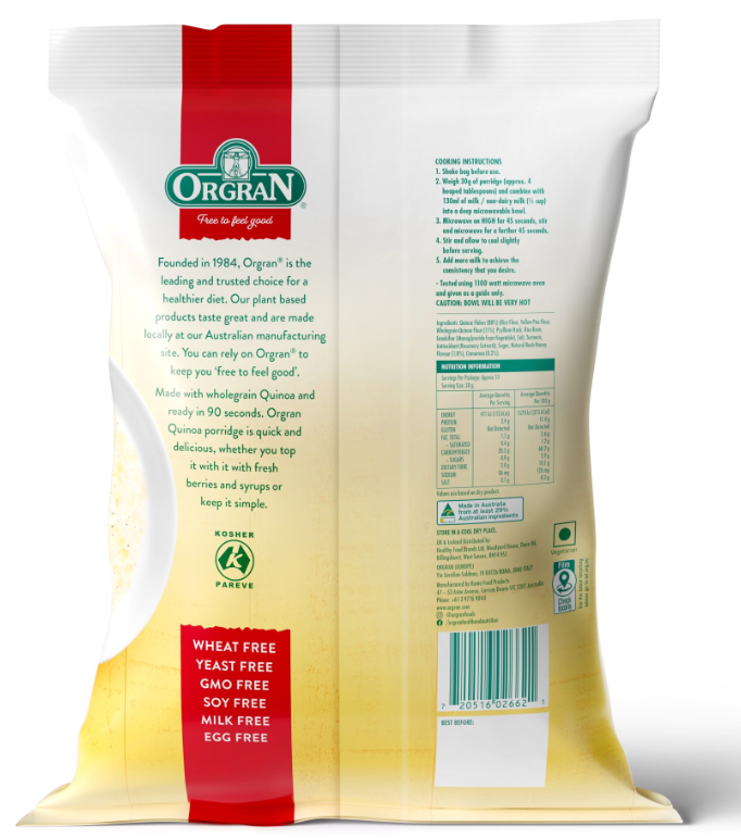 Orgran Quinoa Porridge with Bush Honey 210g