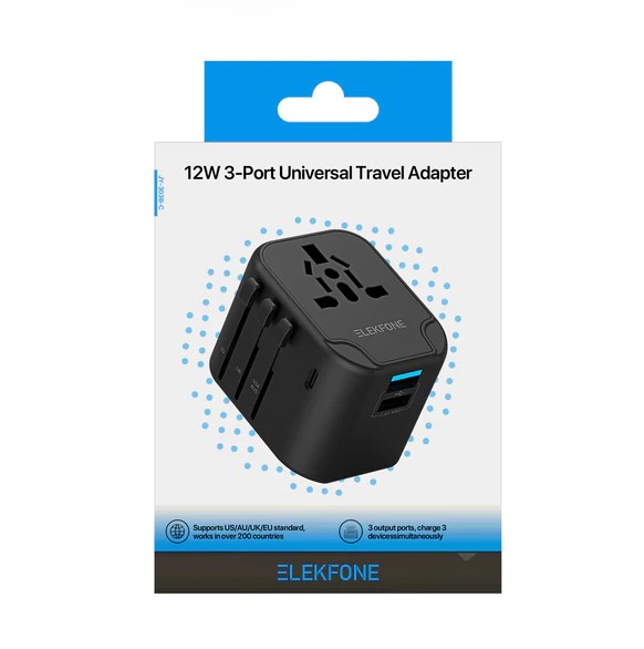 ELEKFONE Universal Travel Power Adapter, Dual-USB and Type-C Ports 12W - T12W