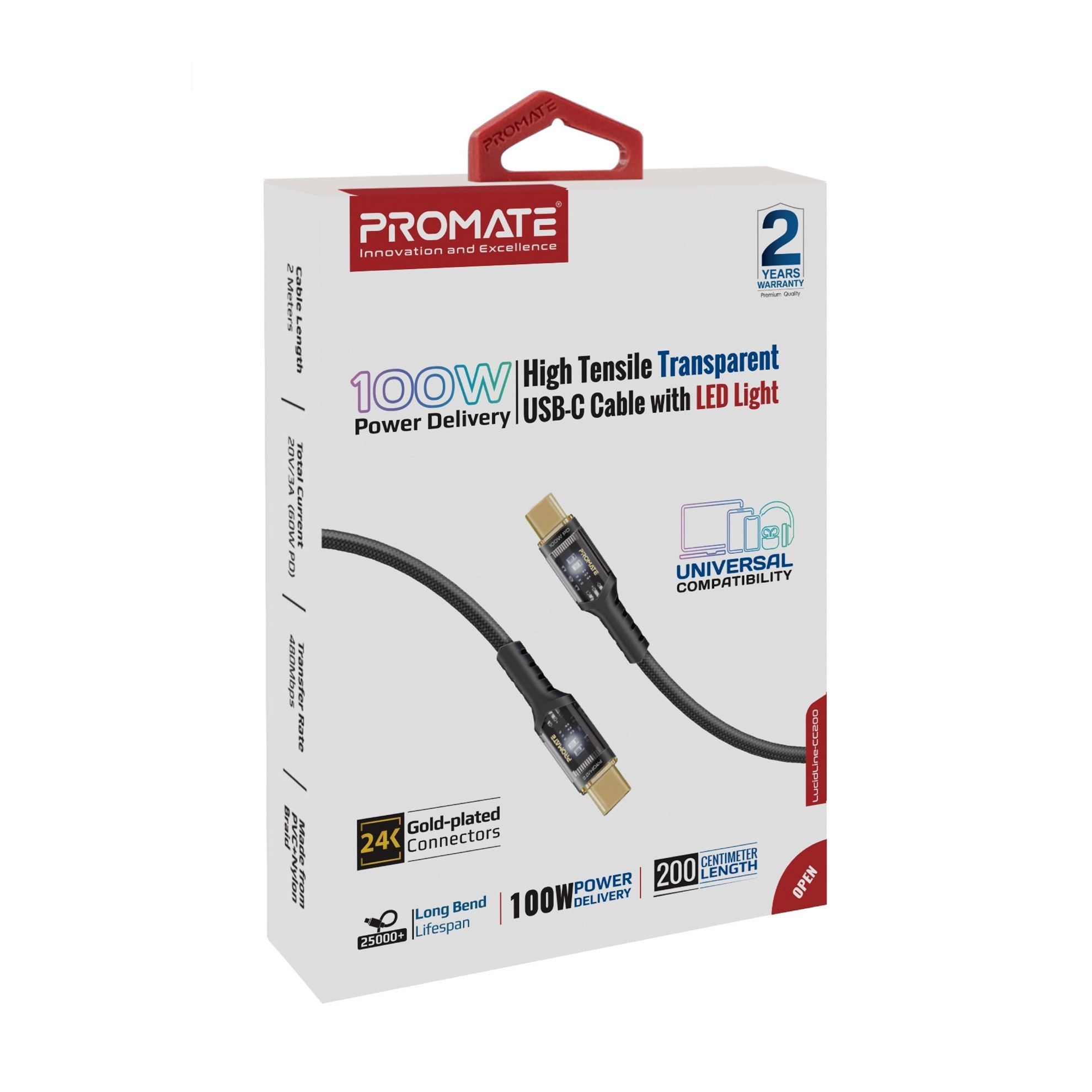 PROMATE 2m USB-C to USB-C Ultra-Fast 100W PD Cable